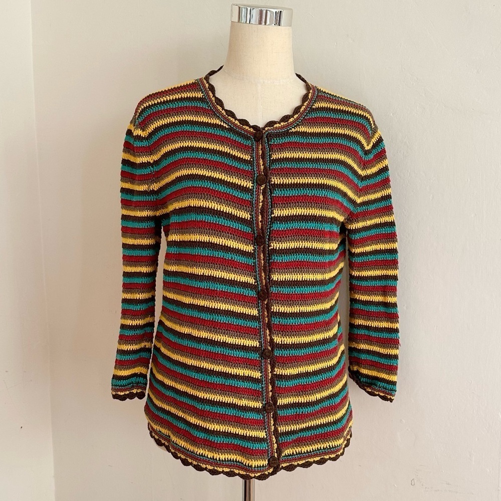 Vintage Striped Crochet Cardigan Sweater Size Medium Cottagecore Fall - Picture 2 of 7
